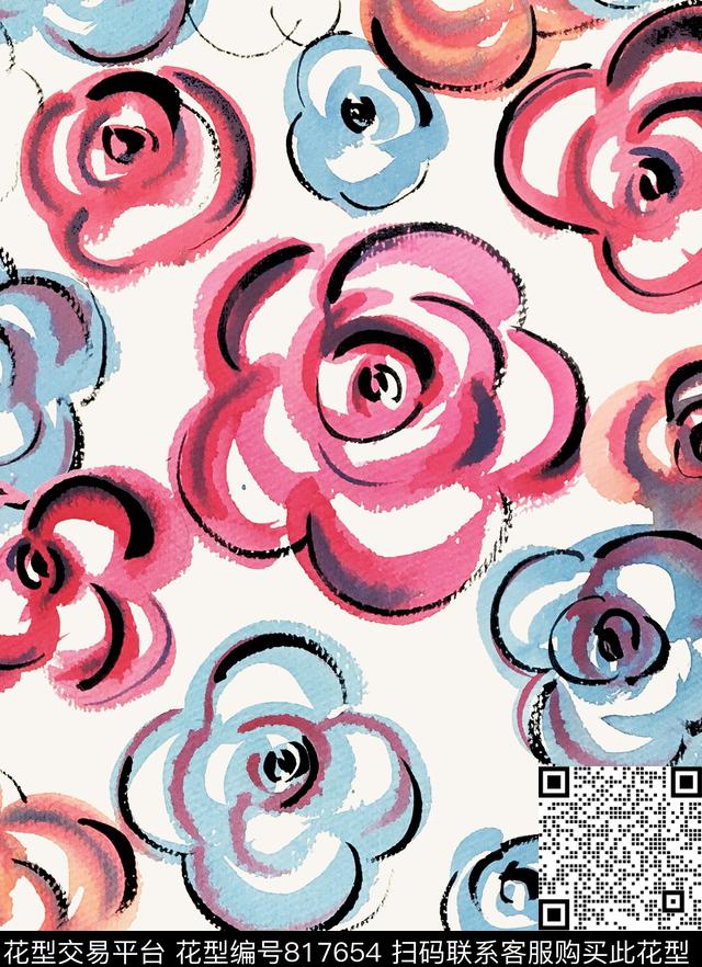 大花花卉手绘数码印花华亿平台下载（图片编号: 817654） - 瓦栏（Walan）