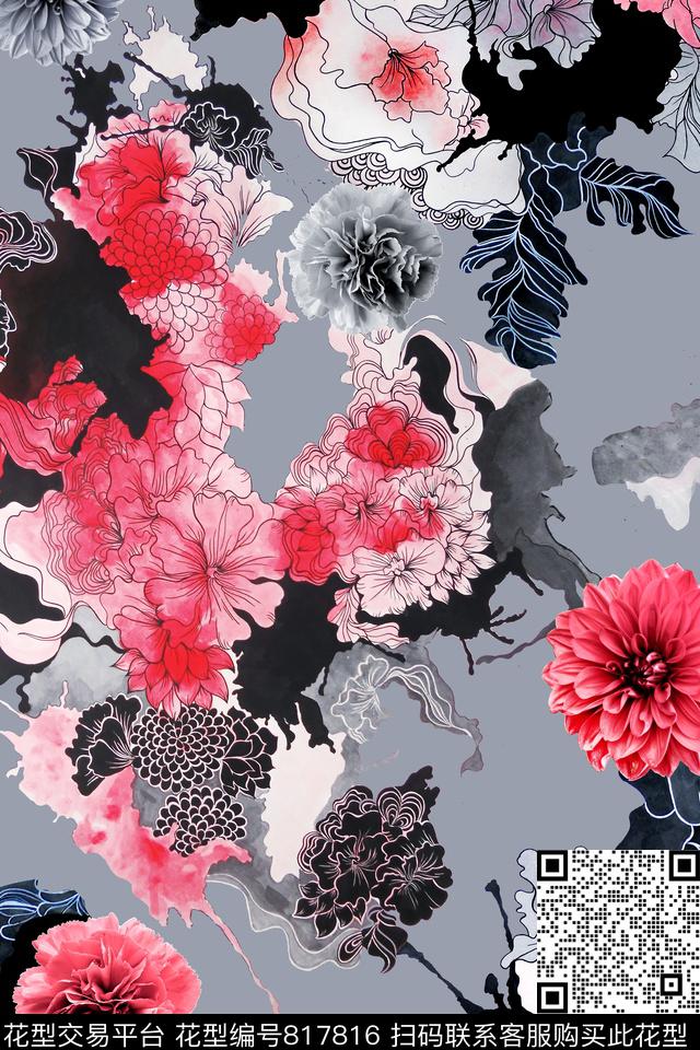 抽象几何线描数码印花华亿平台下载（图片编号: 817816） - 瓦栏（Walan）