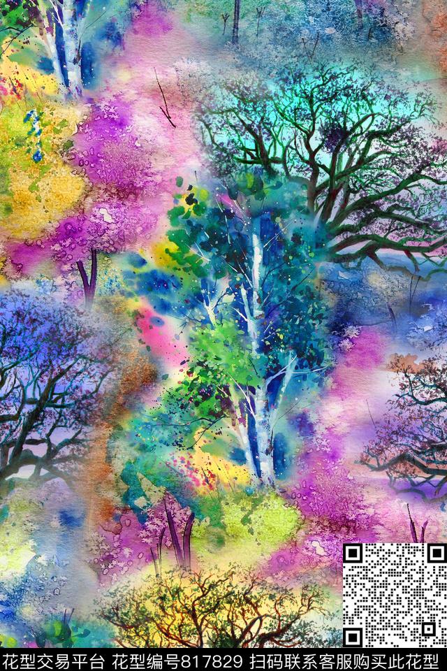 水彩树纹肌理数码印花华亿平台下载（图片编号: 817829） - 瓦栏（Walan）