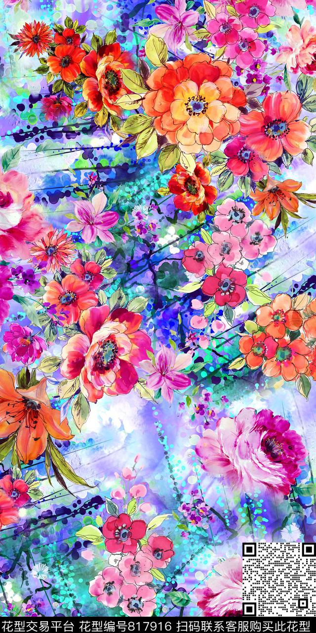 花卉手绘水彩数码印花华亿平台下载（图片编号: 817916） - 瓦栏（Walan）