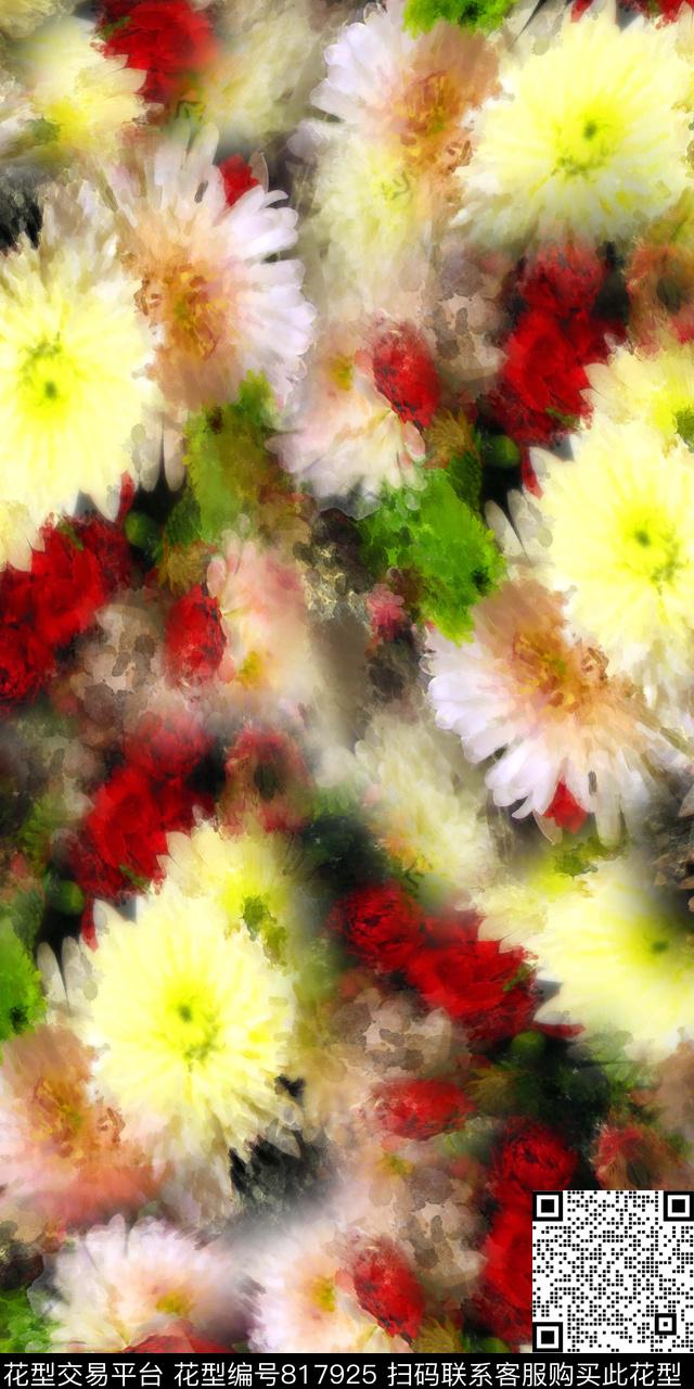 花卉手绘抽象数码印花华亿平台下载（图片编号: 817925） - 瓦栏（Walan）