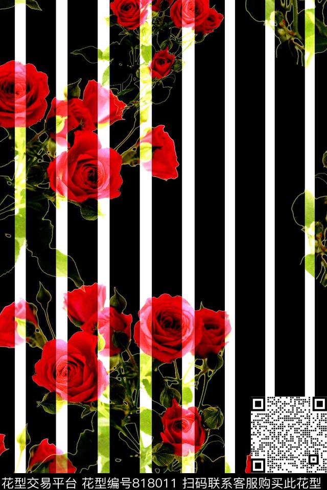 花卉大花黑白底数码印花华亿平台下载（图片编号: 818011） - 瓦栏（Walan）