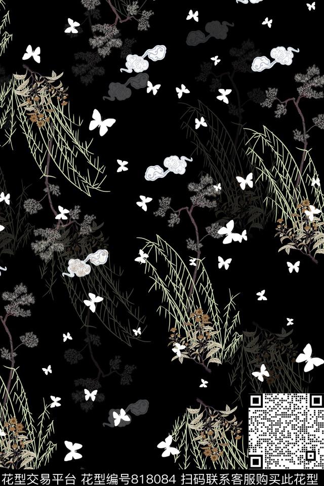 雏菊花卉蝴蝶传统印花华亿平台下载（图片编号: 818084） - 瓦栏（Walan）