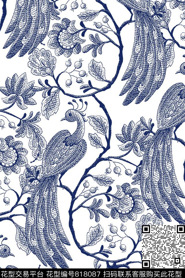 孔雀鸟刺绣花纹男装华亿平台传统印花华亿平台下载（图片编号: 818087） - 瓦栏（Walan）