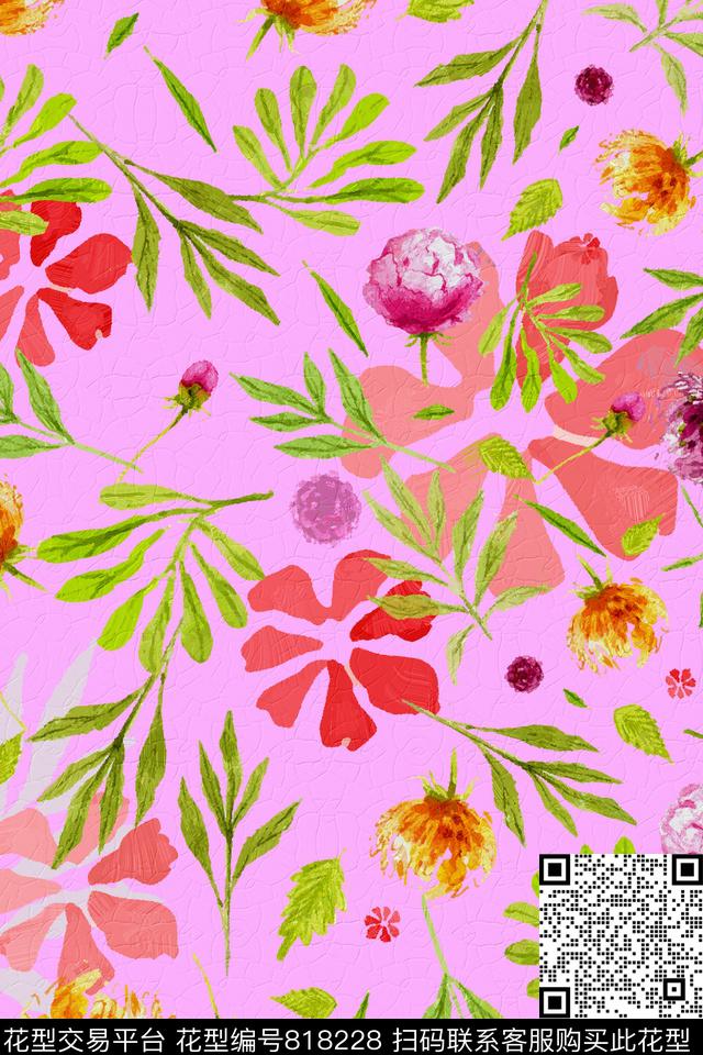 叶子大花花卉传统印花华亿平台下载（图片编号: 818228） - 瓦栏（Walan）