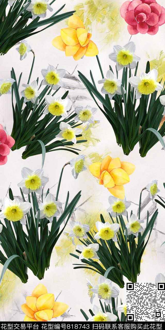 水仙花玫瑰花卉数码印花华亿平台下载（图片编号: 818743） - 瓦栏（Walan）
