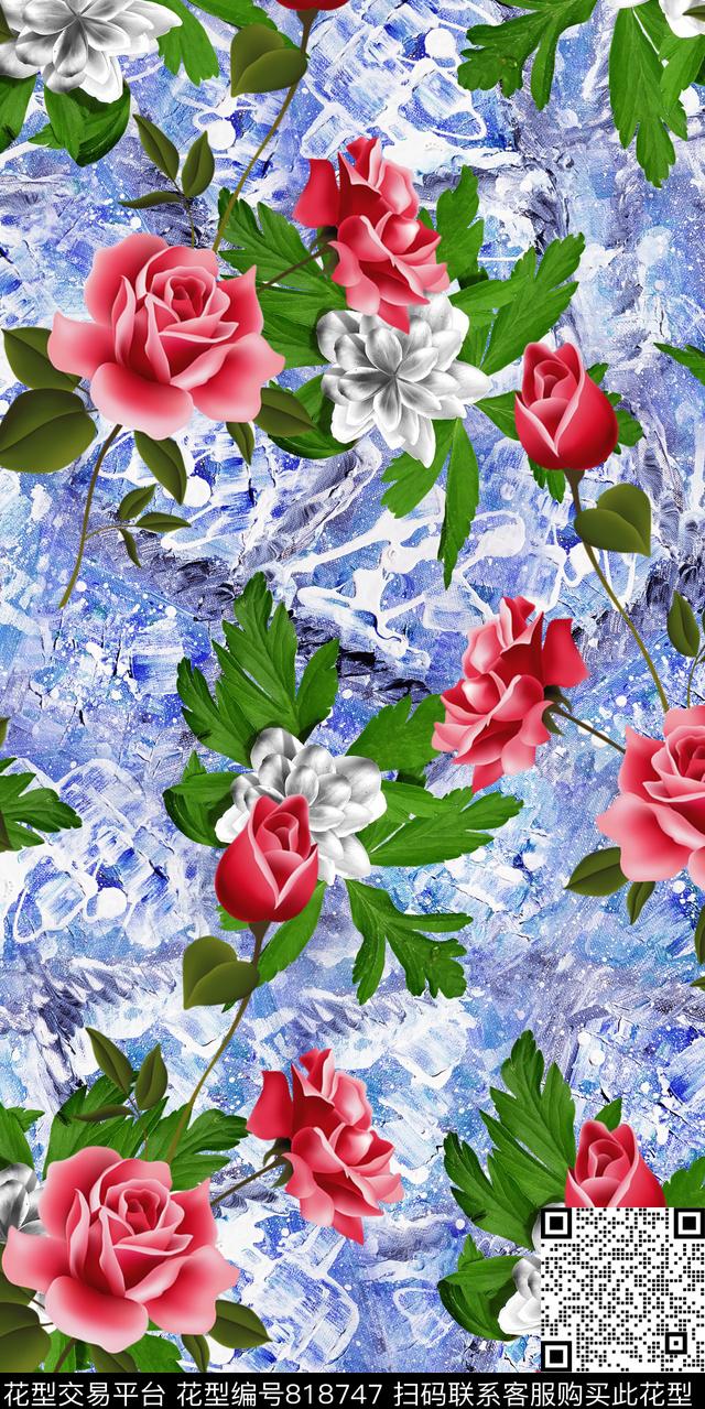 玫瑰康乃馨花卉数码印花华亿平台下载（图片编号: 818747） - 瓦栏（Walan）