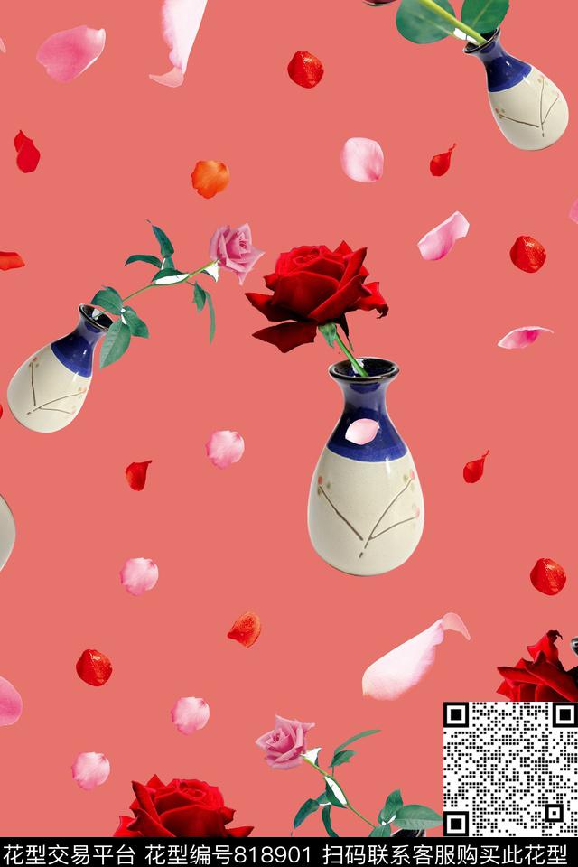 瓶子玫瑰花花瓣数码印花华亿平台下载（图片编号: 818901） - 瓦栏（Walan）