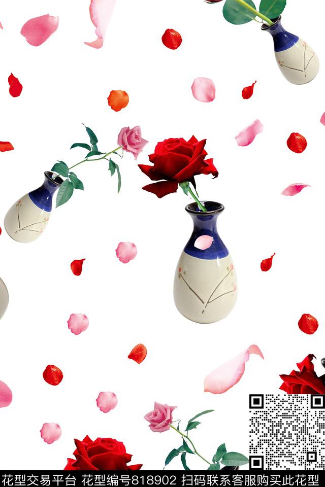 瓶子玫瑰花花瓣数码印花华亿平台下载（图片编号: 818902） - 瓦栏（Walan）