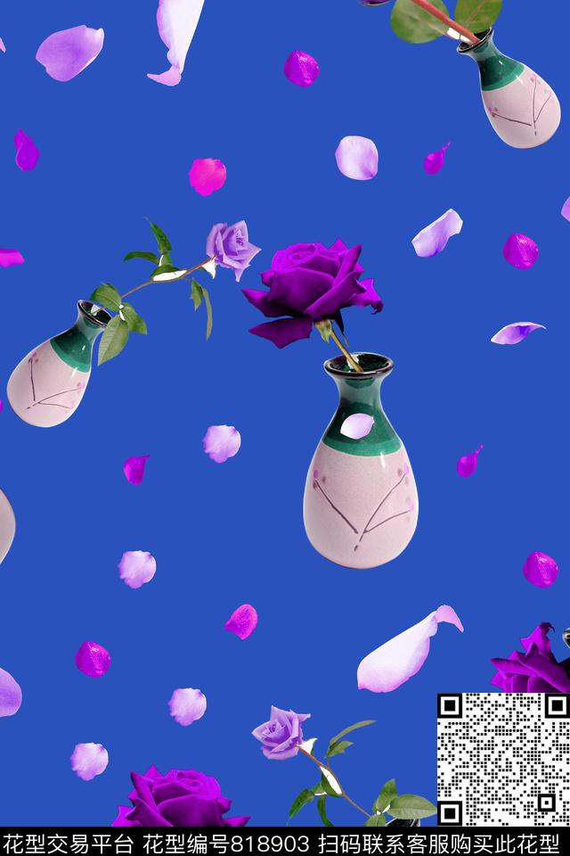 瓶子玫瑰花花瓣数码印花华亿平台下载（图片编号: 818903） - 瓦栏（Walan）