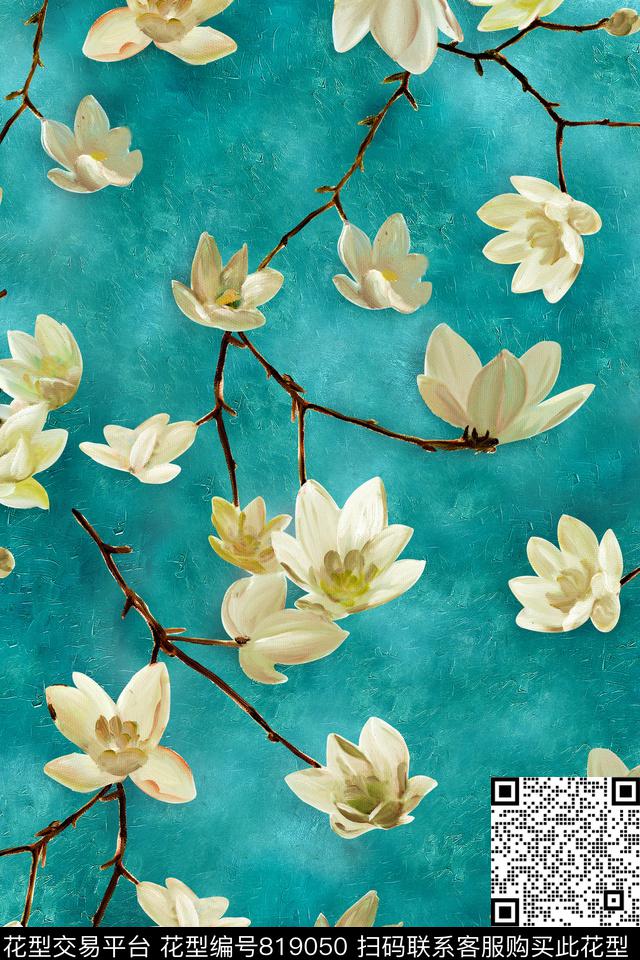 玉兰花卉油画数码印花华亿平台下载（图片编号: 819050） - 瓦栏（Walan）