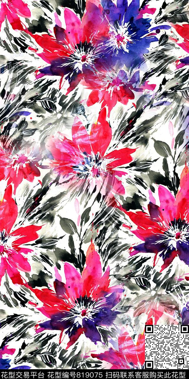 大花手绘花卉抽象花卉数码印花华亿平台下载（图片编号: 819075） - 瓦栏（Walan）