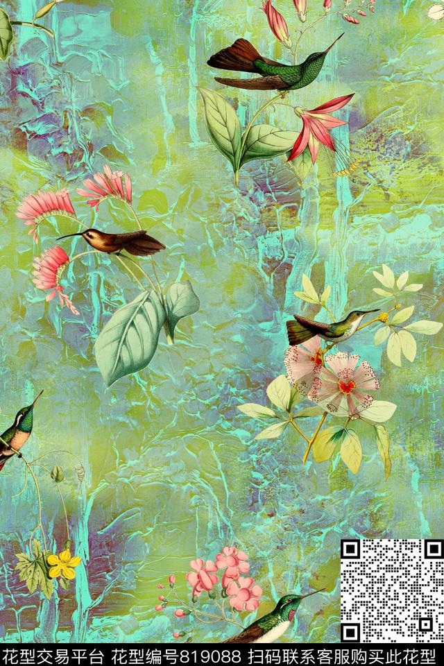 时尚手绘鸟数码印花华亿平台下载（图片编号: 819088） - 瓦栏（Walan）