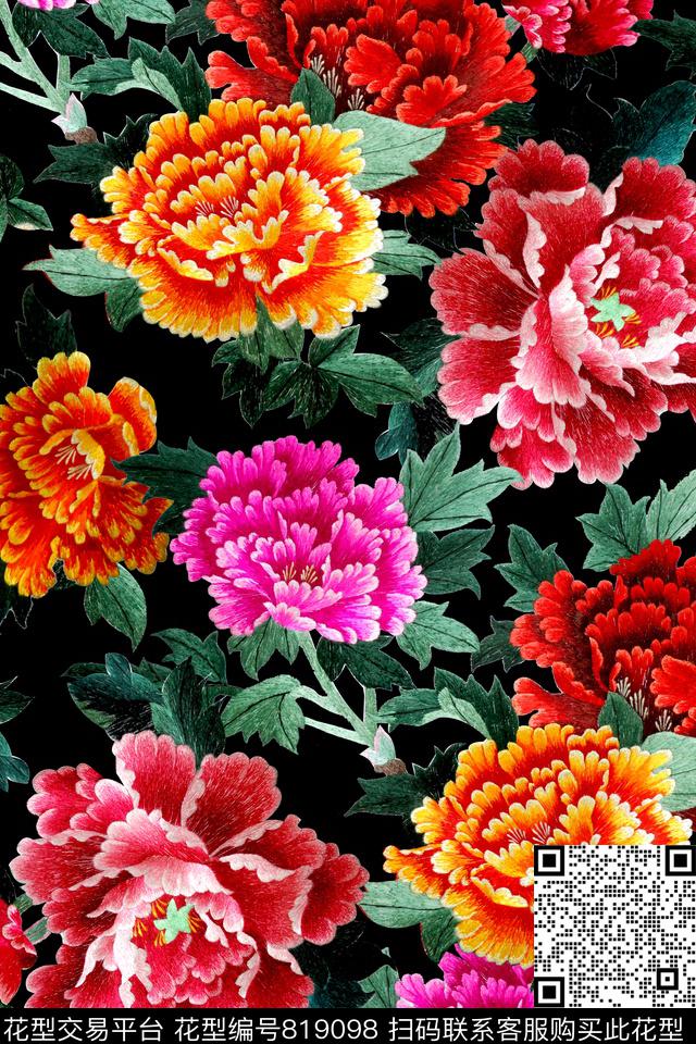中国风绣花牡丹数码印花华亿平台下载（图片编号: 819098） - 瓦栏（Walan）