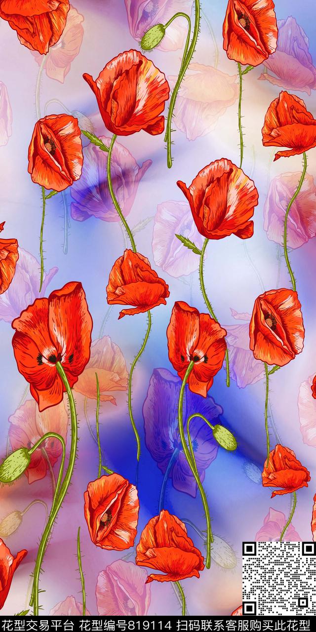 水彩花卉手绘数码印花华亿平台下载（图片编号: 819114） - 瓦栏（Walan）