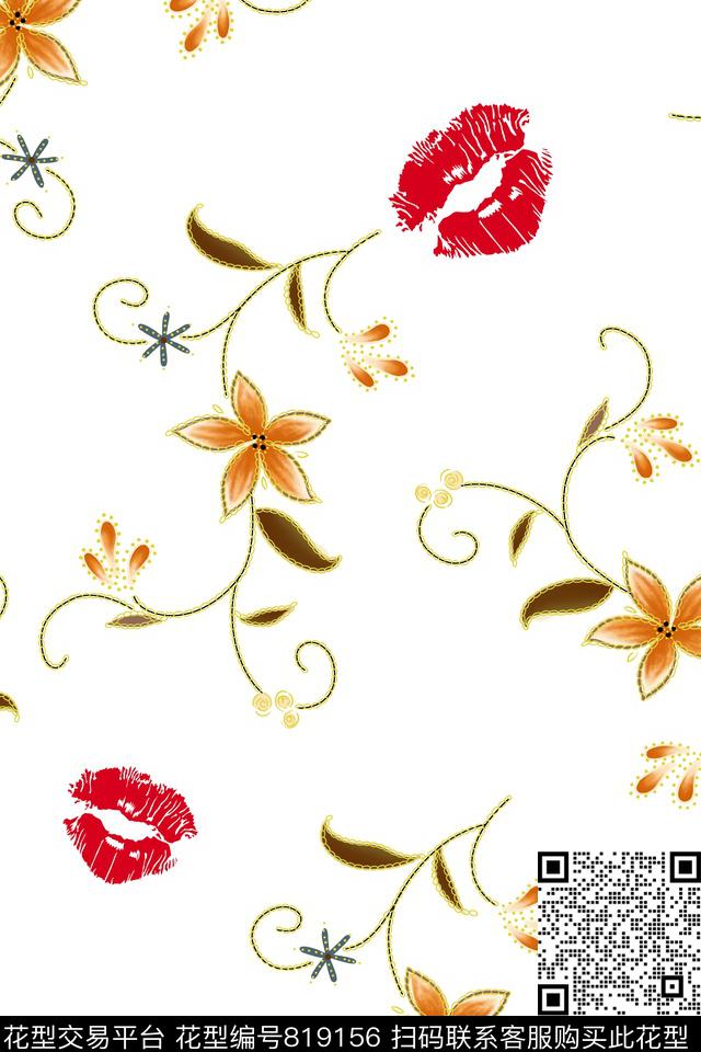 嘴唇金色花清爽数码印花华亿平台下载（图片编号: 819156） - 瓦栏（Walan）
