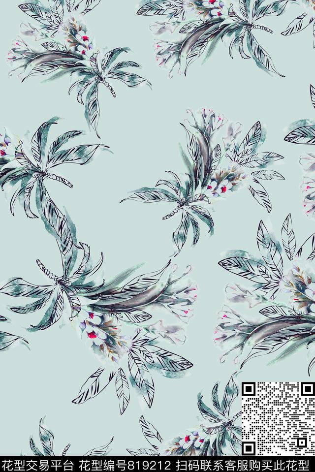 线描植物剪影数码印花华亿平台下载（图片编号: 819212） - 瓦栏（Walan）