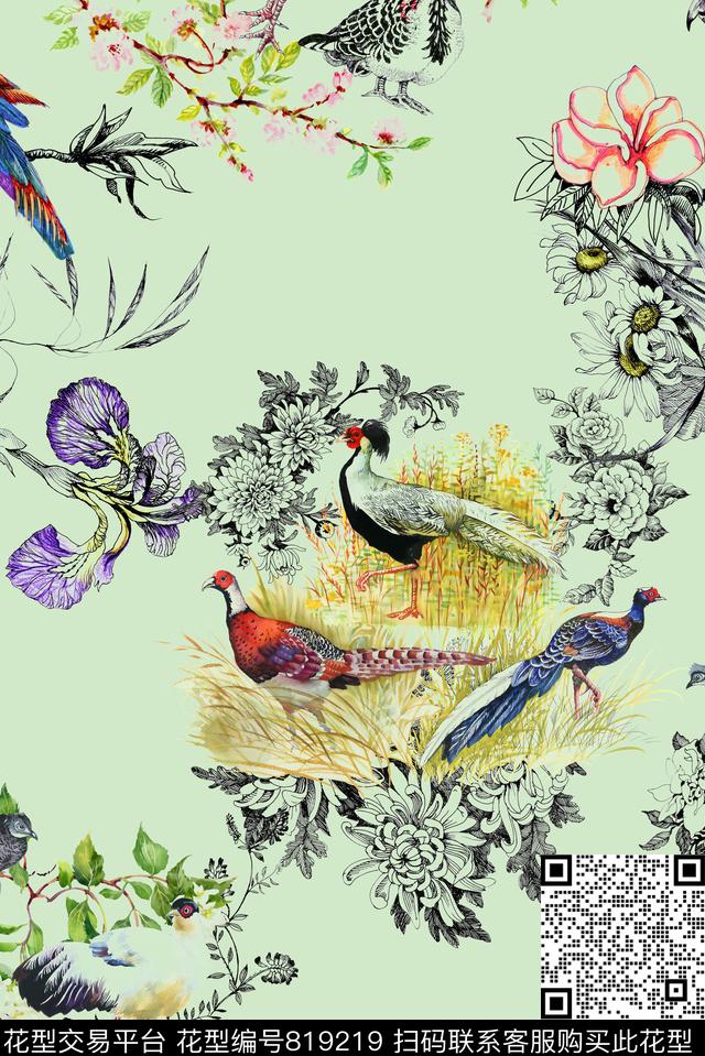 水墨花草线描数码印花华亿平台下载（图片编号: 819219） - 瓦栏（Walan）