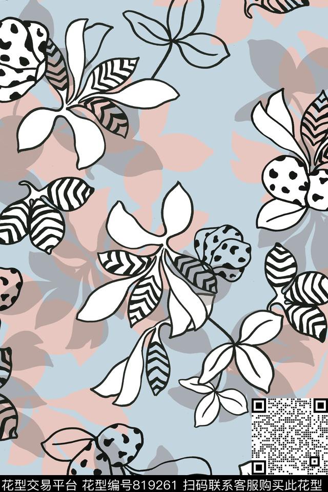 夏日清新线描花卉叶子传统印花华亿平台下载（图片编号: 819261） - 瓦栏（Walan）