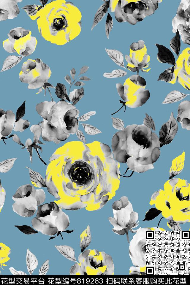 夏日清新休闲水彩花卉数码印花华亿平台下载（图片编号: 819263） - 瓦栏（Walan）