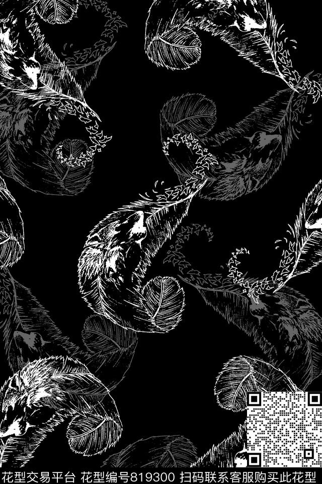 抽象羽毛飞鸟男装华亿平台传统印花华亿平台下载（图片编号: 819300） - 瓦栏（Walan）