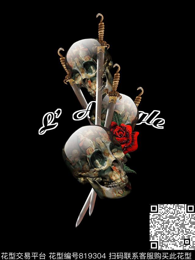 宝剑复古骷髅头刺绣花卉数码印花华亿平台下载（图片编号: 819304） - 瓦栏（Walan）