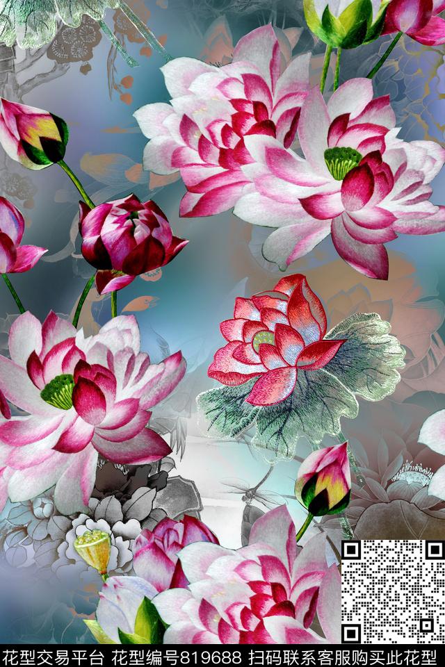 中国风绣花荷花数码印花华亿平台下载（图片编号: 819688） - 瓦栏（Walan）