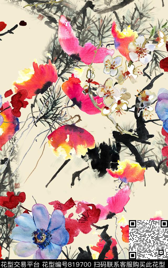 中国风国画花卉数码印花华亿平台下载（图片编号: 819700） - 瓦栏（Walan）