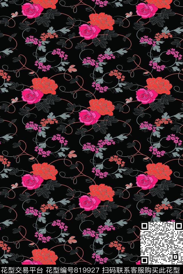 大花花卉花朵传统印花华亿平台下载（图片编号: 819927） - 瓦栏（Walan）