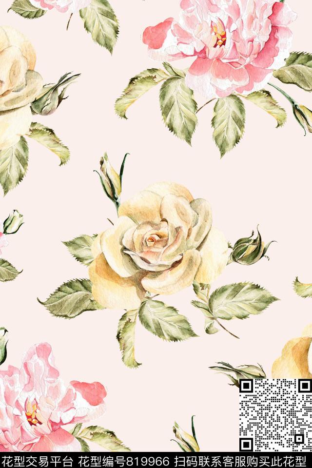 水彩肌理花卉K浪漫田园B花卉植物数码印花华亿平台下载（图片编号: 819966） - 瓦栏（Walan）