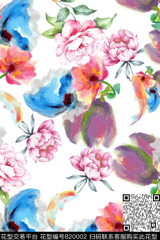 鱼手绘花瓣数码印花华亿平台下载（图片编号: 820002） - 瓦栏（Walan）
