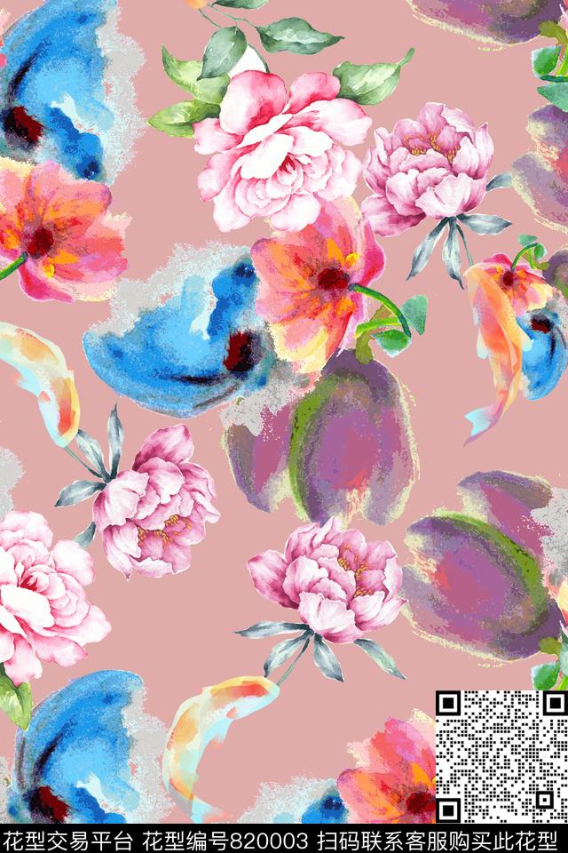 鱼手绘花瓣数码印花华亿平台下载（图片编号: 820003） - 瓦栏（Walan）
