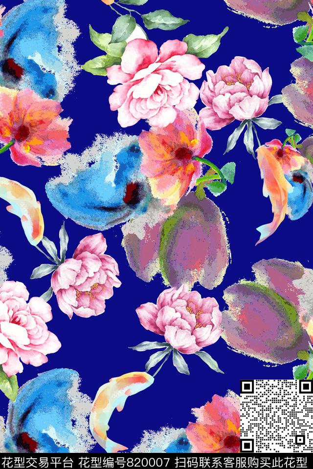 鱼手绘花瓣数码印花华亿平台下载（图片编号: 820007） - 瓦栏（Walan）