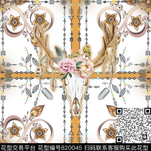 鹿头骷髅民族风花纹传统印花华亿平台下载（图片编号: 820045） - 瓦栏（Walan）