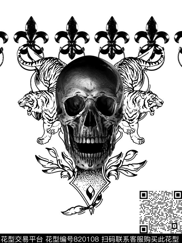 复古纹理骷髅头老虎数码印花华亿平台下载（图片编号: 820108） - 瓦栏（Walan）