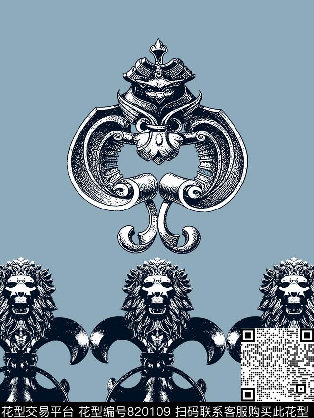 狮子头复古男装T恤华亿平台传统印花华亿平台下载（图片编号: 820109） - 瓦栏（Walan）