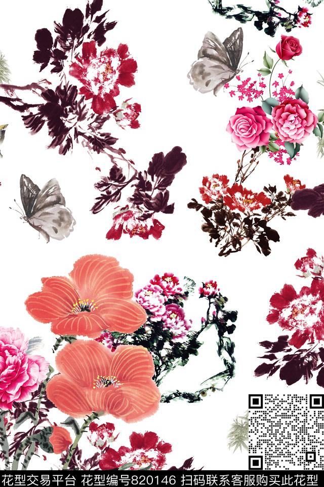 蝴蝶水墨荷花数码印花华亿平台下载（图片编号: 820146） - 瓦栏（Walan）