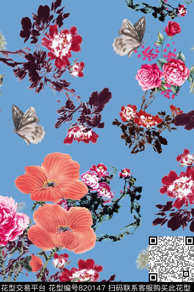 蝴蝶水墨荷花数码印花华亿平台下载（图片编号: 820147） - 瓦栏（Walan）