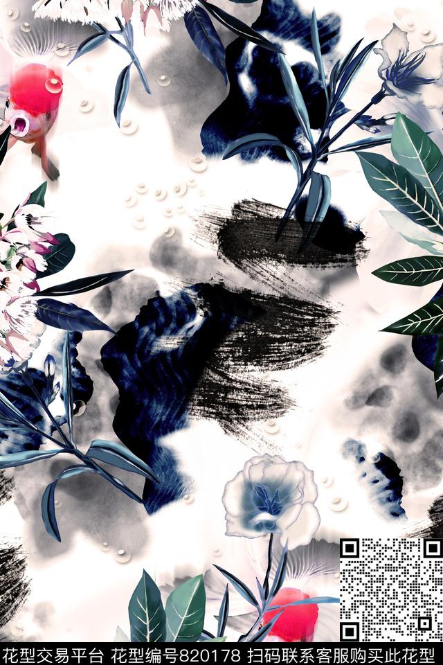 中国风水墨风鱼数码印花华亿平台下载（图片编号: 820178） - 瓦栏（Walan）