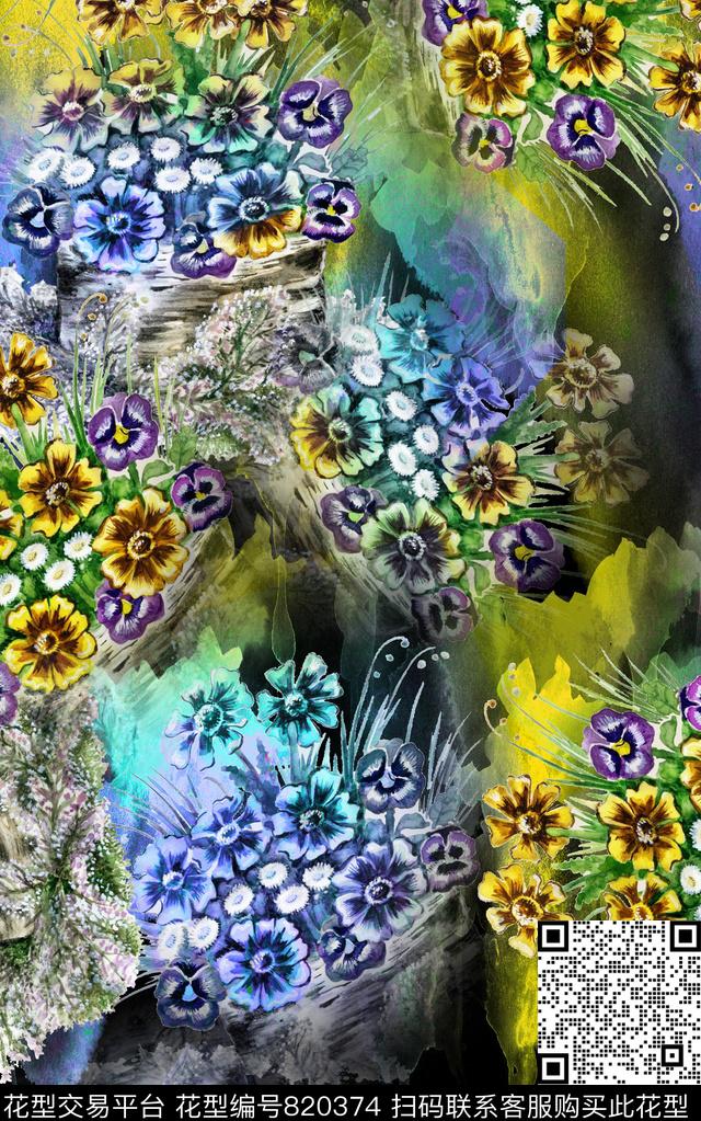花朵花卉水彩数码印花华亿平台下载（图片编号: 820374） - 瓦栏（Walan）
