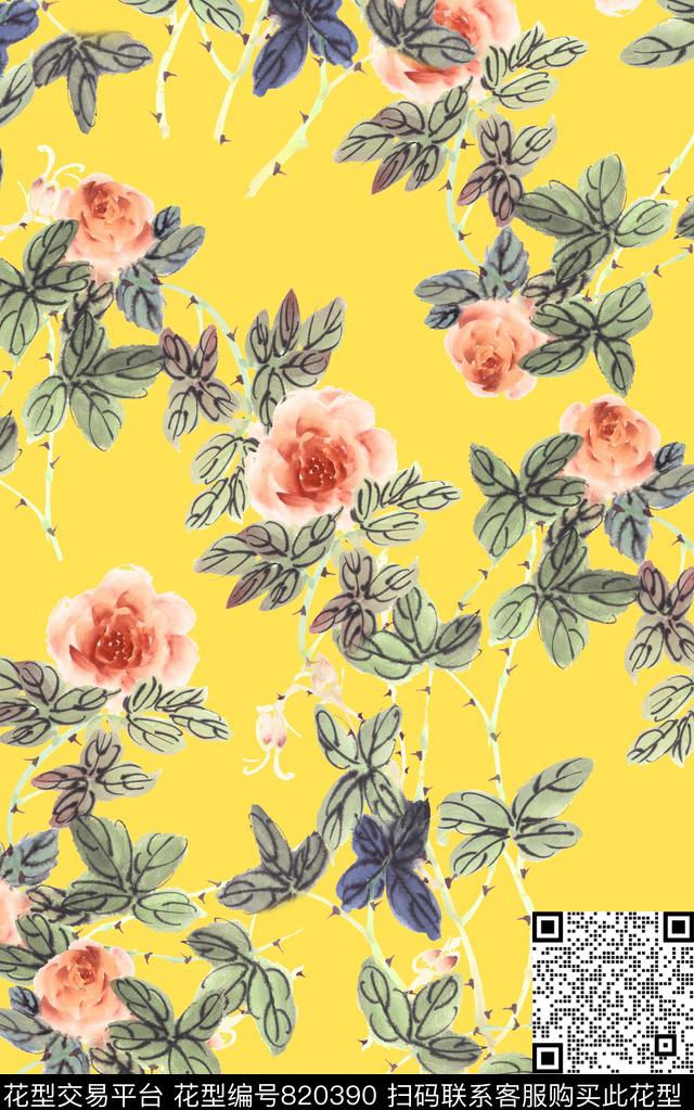 中国画水彩菊花数码印花华亿平台下载（图片编号: 820390） - 瓦栏（Walan）