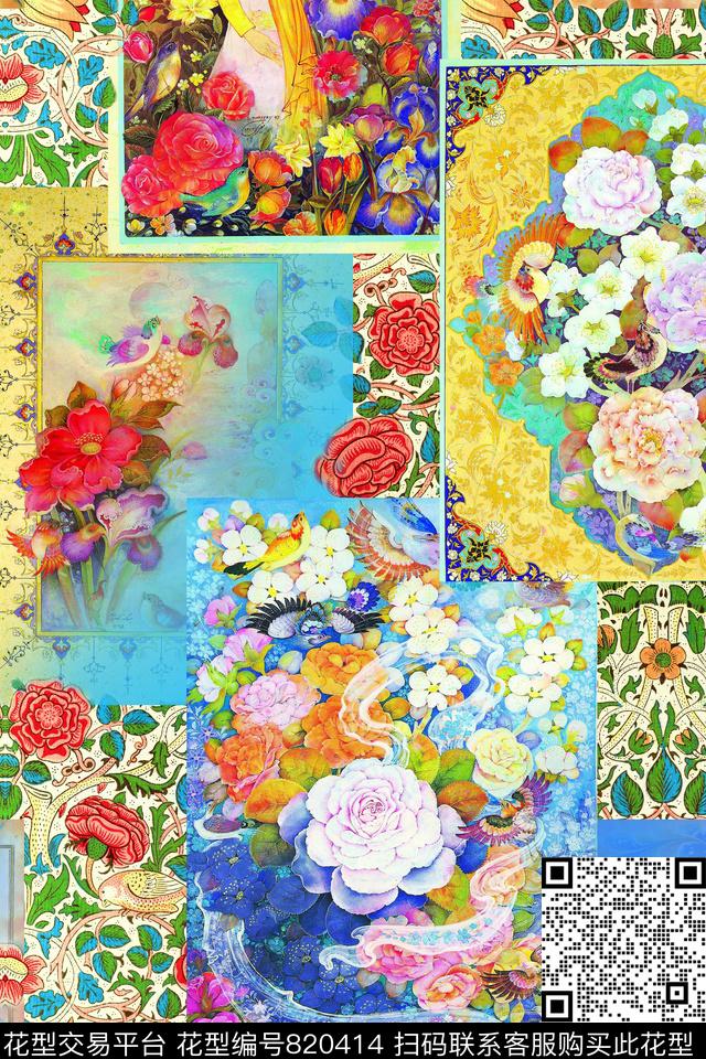 花卉几何欧式花纹数码印花华亿平台下载（图片编号: 820414） - 瓦栏（Walan）