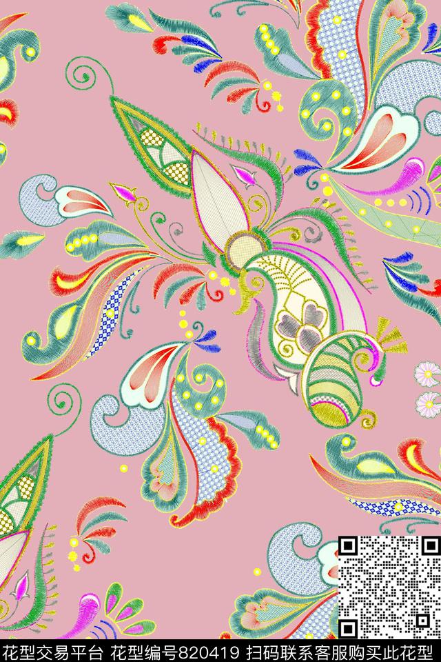 民族风绣花腰果数码印花华亿平台下载（图片编号: 820419） - 瓦栏（Walan）