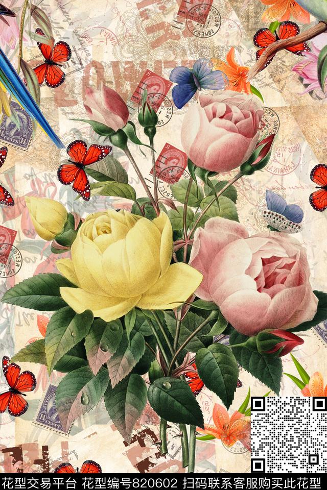 华亿平台手绘花卉蝴蝶数码印花华亿平台下载（图片编号: 820602） - 瓦栏（Walan）