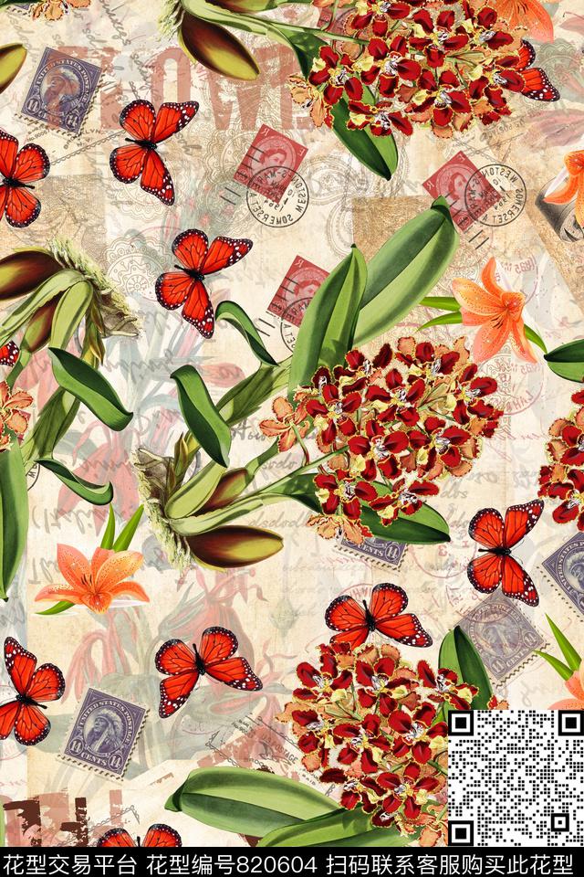 华亿平台手绘花卉花蝶图案数码印花华亿平台下载（图片编号: 820604） - 瓦栏（Walan）