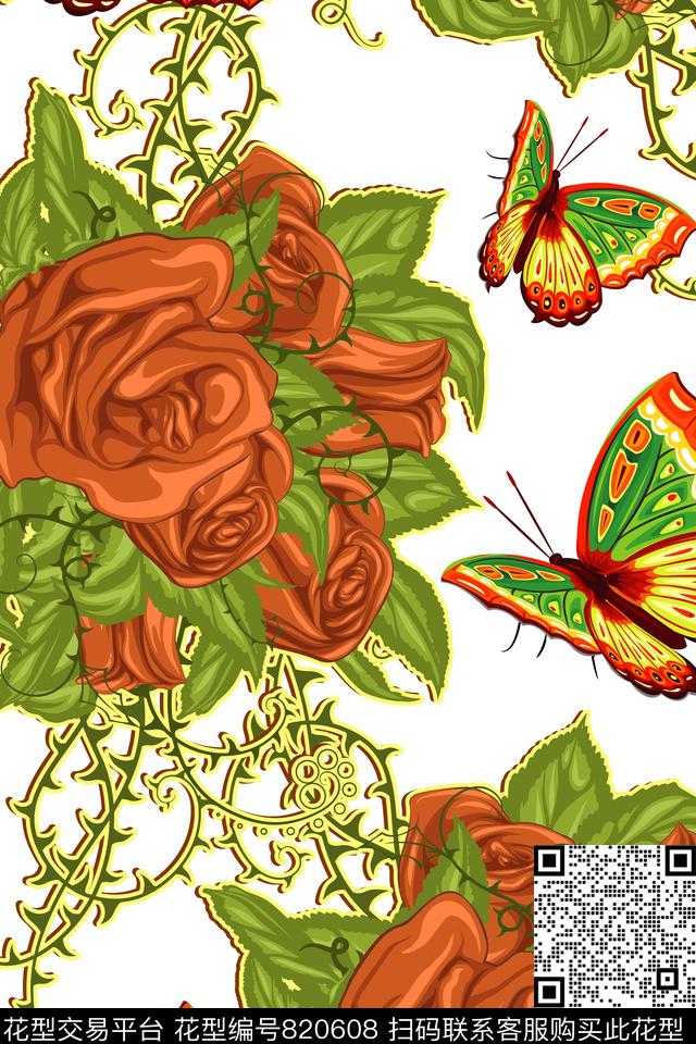 华亿平台手绘花卉蝴蝶数码印花华亿平台下载（图片编号: 820608） - 瓦栏（Walan）