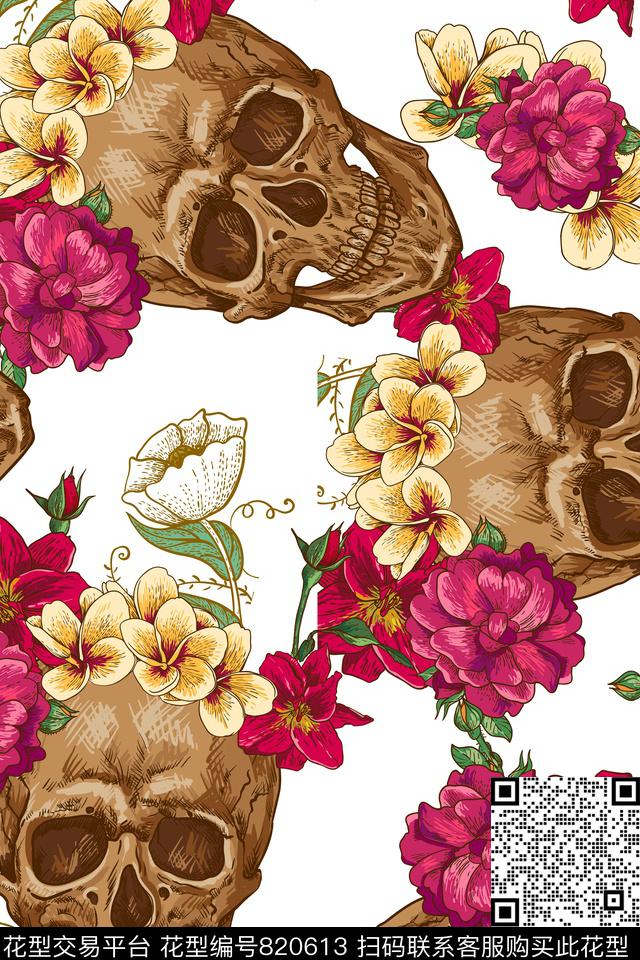 手绘华亿平台花卉头骨数码印花华亿平台下载（图片编号: 820613） - 瓦栏（Walan）