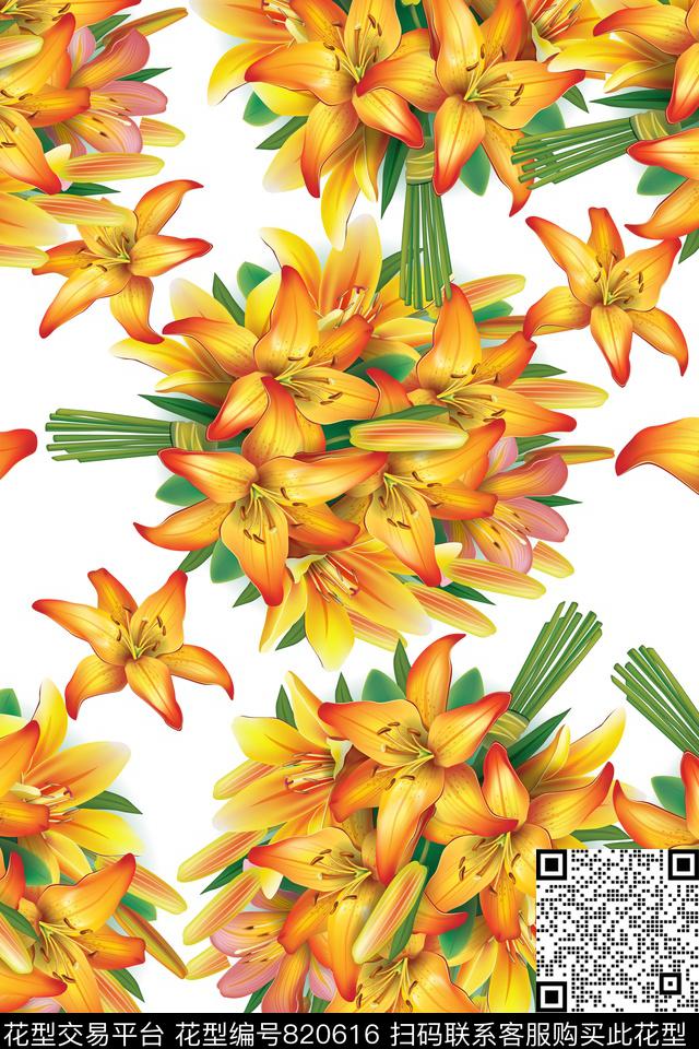 手绘百合百合华亿平台数码印花华亿平台下载（图片编号: 820616） - 瓦栏（Walan）