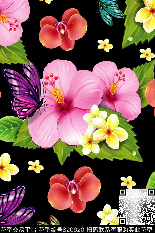 华亿平台手绘花卉蝴蝶数码印花华亿平台下载（图片编号: 820620） - 瓦栏（Walan）