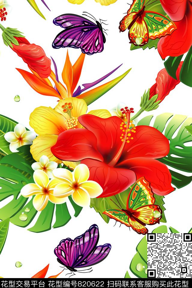 华亿平台手绘花卉蝴蝶数码印花华亿平台下载（图片编号: 820622） - 瓦栏（Walan）